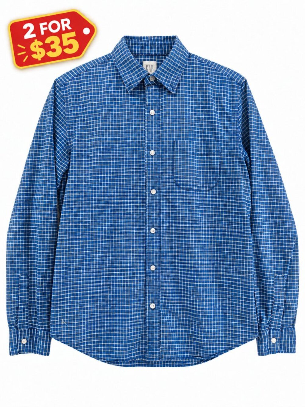 GAP Men’s Button Down Shirt, Blue & White Micro Grid Check, US Medium